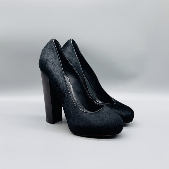 Brian Atwood Shoes Womens 9.5 Black Block Heel Round Toe Pony Hair Italy - Picture 2 of 13